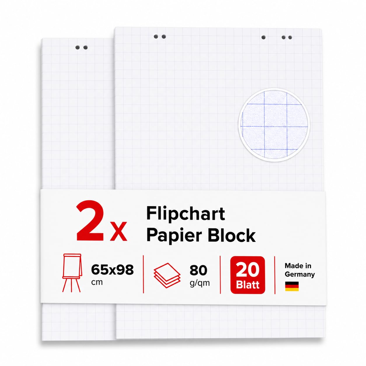 Conipa Flipchart di carta a quadretti, 2 blocchi da 20 fogli, 65 x 98 cm, bianco | Carta da 80 g/m² con 6 fori universali e perforazione, per comuni supporti per flipchart in riunioni e officine