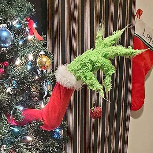 Christmas Elf Body Decorations for Christmas Tree, Thief Stole Furry Green Arm Burlap Pose-able Plush Legs for Xmas Tree Topper (Elf Arm)