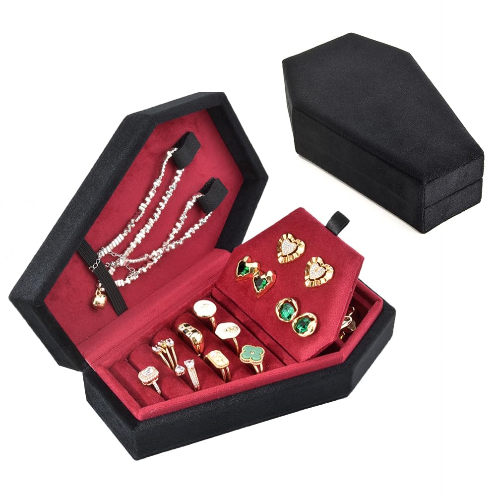 TAIMY Coffin Jewelry Box, Mini Coffin Shaped Gothic Jewelry Case, Plush Velvet Small Jewelry Organizer for Earrings Rings Necklaces Bracelets(Black-Red)