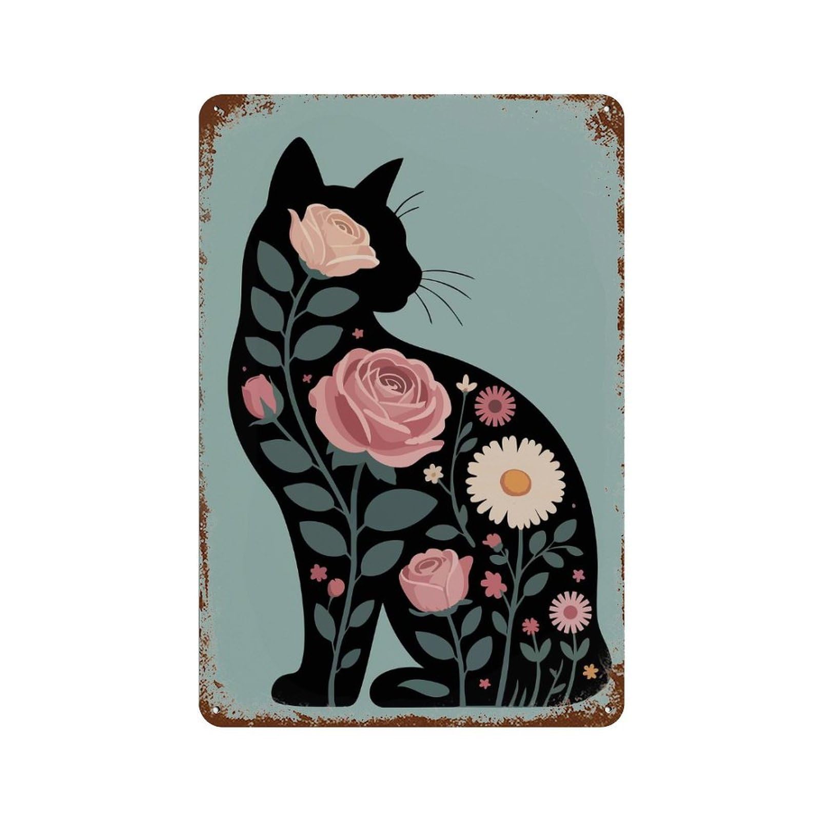 Floral Cat Silhouette Illustration Weathered Tin Sign 11.8"x7.9", Rustic Home Decor for Garage, Bar And Workshop Decor