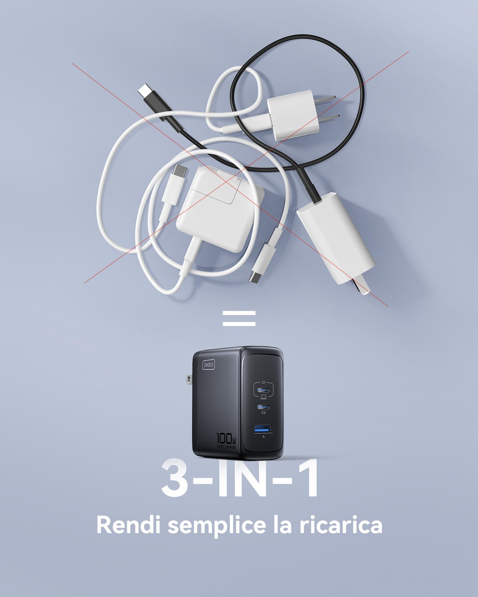 INIU 100W USB C Caricatore, GaN Multiplo Presa USBC Caricabatterie, Alimentatore Rapido Compatto con Cavo per MacBook Pro Air iPad, iPhone 17 16 15 Pro Max, Samsung S25 S24 Ultra, Switch 2, Xiaomi 15