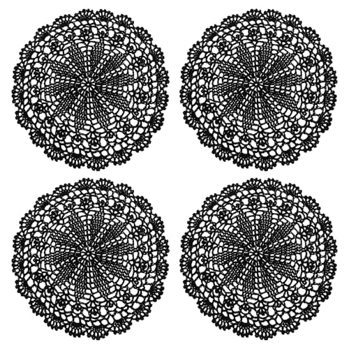 sourcing map 4 centrini all'uncinetto, 25,4 cm, fatti a mano, tovagliette rotonde in pizzo con motivo a stella, sottobicchiere in cotone per decorazioni per feste di nozze, colore nero