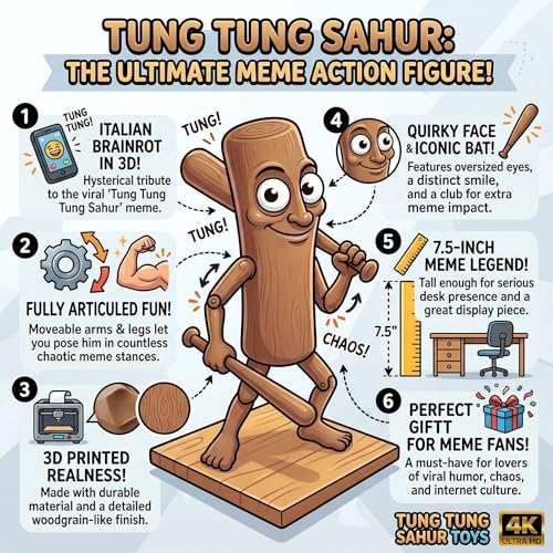 Image of VAALI Tung Tung Tung Sahur Action Figure | 7.5-Inch Meme Toy | Italian Brainrot Collectible | 3D Printed Articulated Model with Bat | Funny Viral Figurine Gift | Brown (Pack of 1)