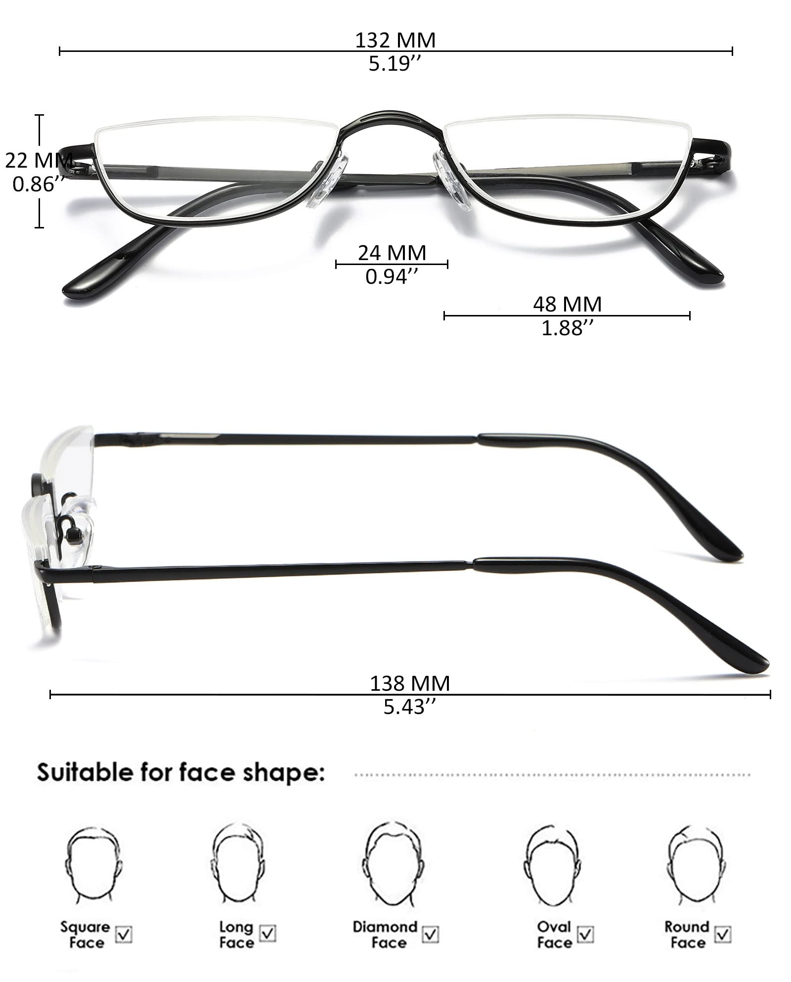 KOOSUFA Metall Lesebrille Halbrandbrille Herren Damen Federscharnier Halb Rund Metallrahmen Lesebrillen Lesehilfe Sehhilfe mit Stärke 1.0 1.25 1.5 1.75 2.0 2.25 2.5 2.75 3.0 3.5 4.0