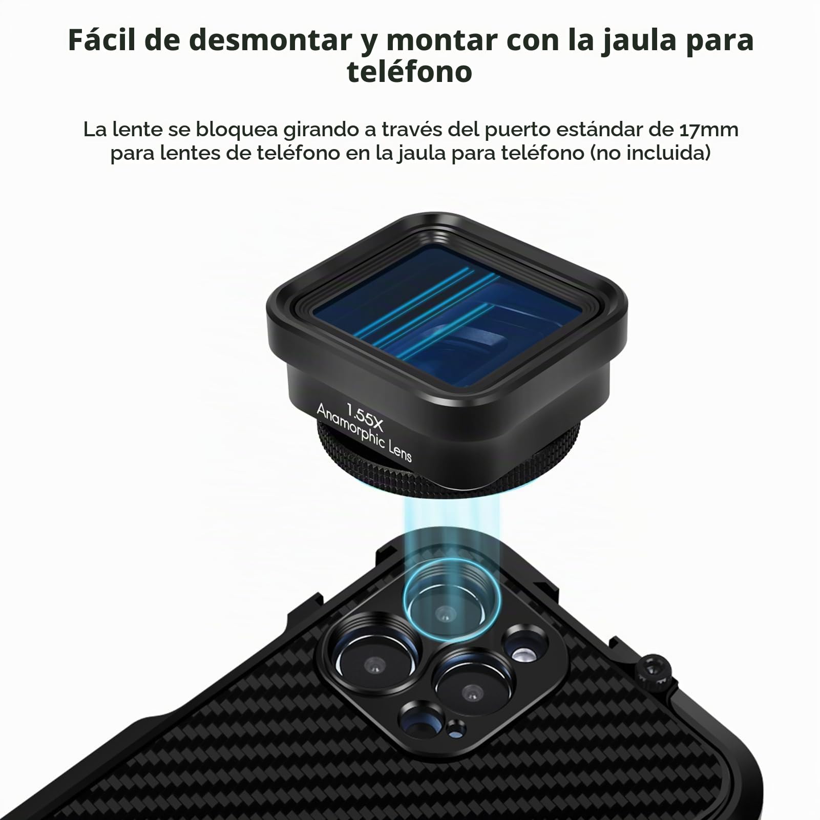 Andoer Lente de película anamórfica para teléfono móvil Lente de Cine con deformación 1.55X Lente de película para teléfono con Clips de Lente universales Bolsa de Transporte
