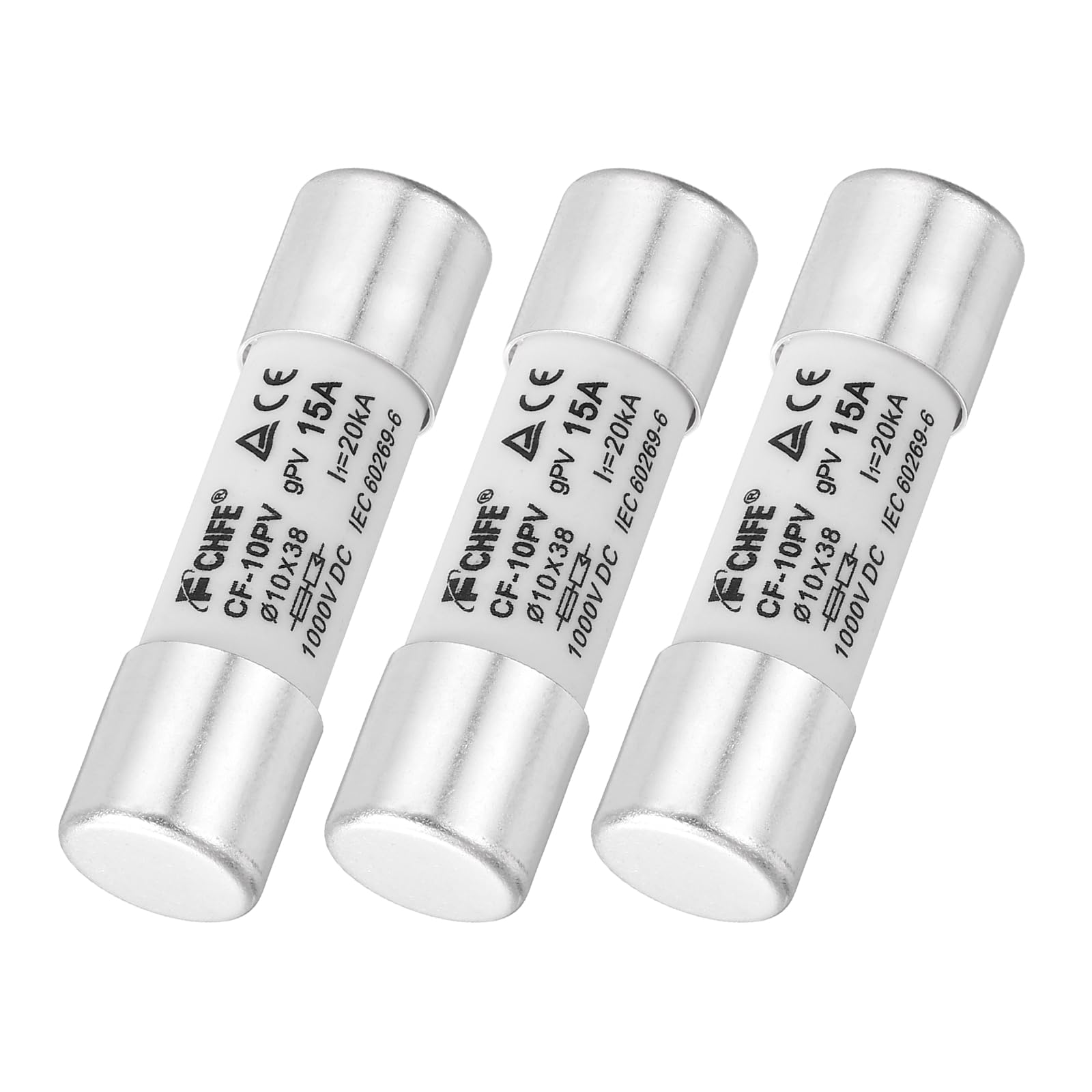 sourcing map 3Pcs 1000V 15A Ceramic Cartridge Fuses, 10x38mm Fast Blow Time Delay Fuse for Photovoltaic Solar Systems DIY Inverter Circuit Board