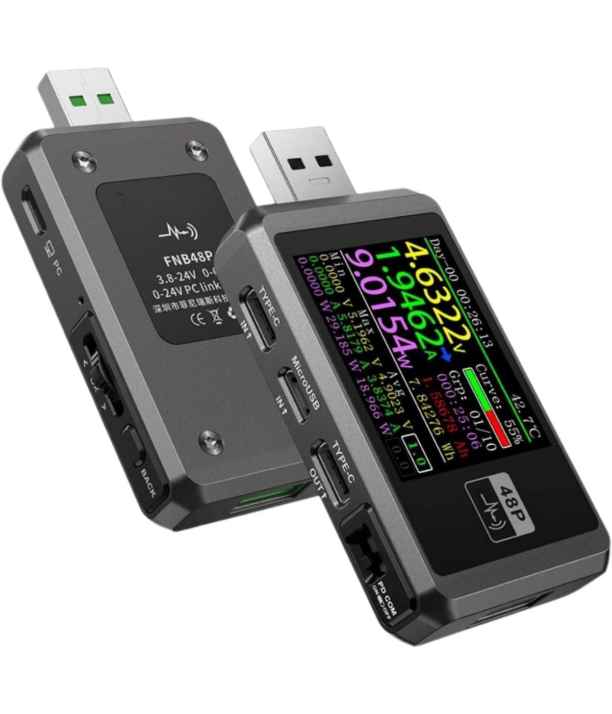 Medidor USB, comprobador de voltaje USB, con pantalla TFT LCD de 1,77 pulgadas, mide la fuente de alimentación o el consumo de energía de puertos USB y cargadores de teléfono móvil (plata sin