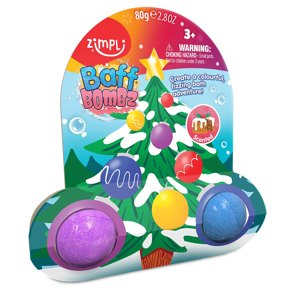 ZIMPLI - - Christmas Tree Baff Bombz on Gift Card, Xmas Gift, Bath Bombs Stocking Filler for Boys & Girls, Fizzers for Kids, UK Made