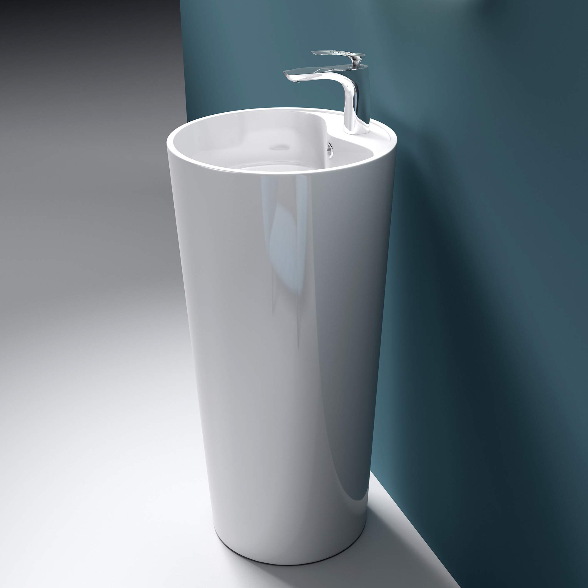 Mai & Mai Lavabo sur Pied Rond 45x45x90cm Blanc avec Trop-Plein | Lave Mains, Perçage Robinet, Résine de Synthèse, pour Salle de Bains Contemporaine, Colossum35
