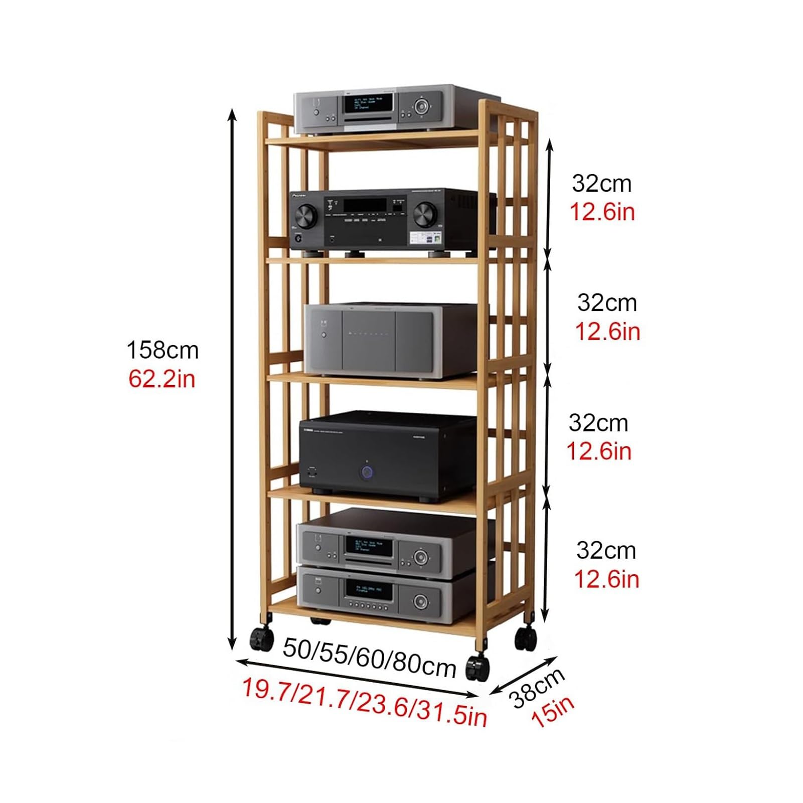 XingLi 62.2Inch/158cm Tall Movable Media Stand Audio/Video Rack CD Player Stand Stereo Component Storage Cabinet with Height Adjustable Wooden Shelf for Home/Office/Theater(W- 50cm/19.7in)