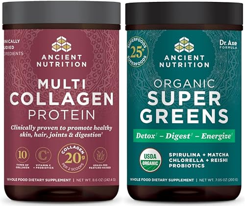 Ancient Nutrition Proteína en polvo multicolágeno, sin sabor, 24 porciones + polvo Supergreens, sabor a verduras, 25 porciones