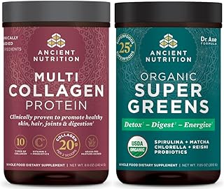Ancient Nutrition Multi Collagen Protein Powder, Unflavored, 24 Servings + Supergreens Powder, Greens Flavor, 25 Servings