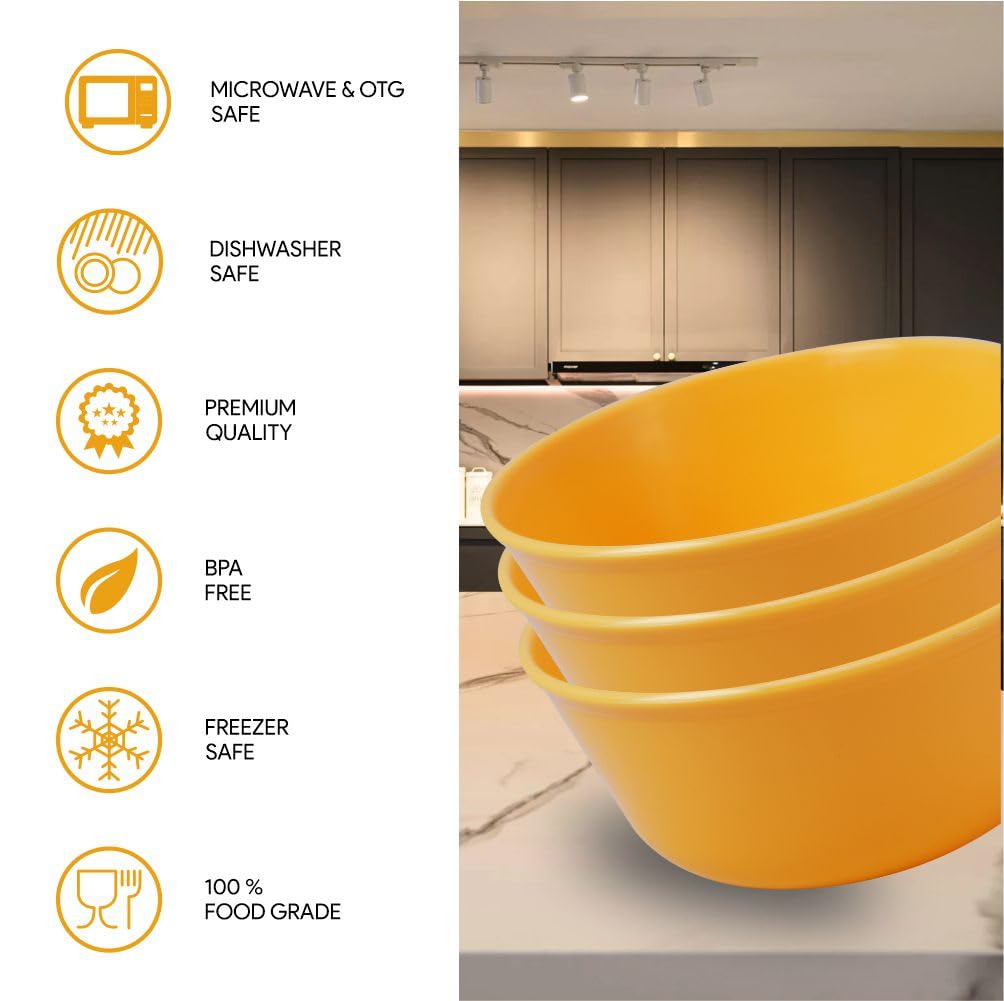 Simply Home Sigma 500 Yellow Colored Unbreakable BPA Free Plastic Bowl Set for Cereal, Salad, Rice, Soup, Pasta, Snack Bowl, Microwave Safe, Dishwasher Safe, 3 Pcs, 500 ml, Yellow Color 4