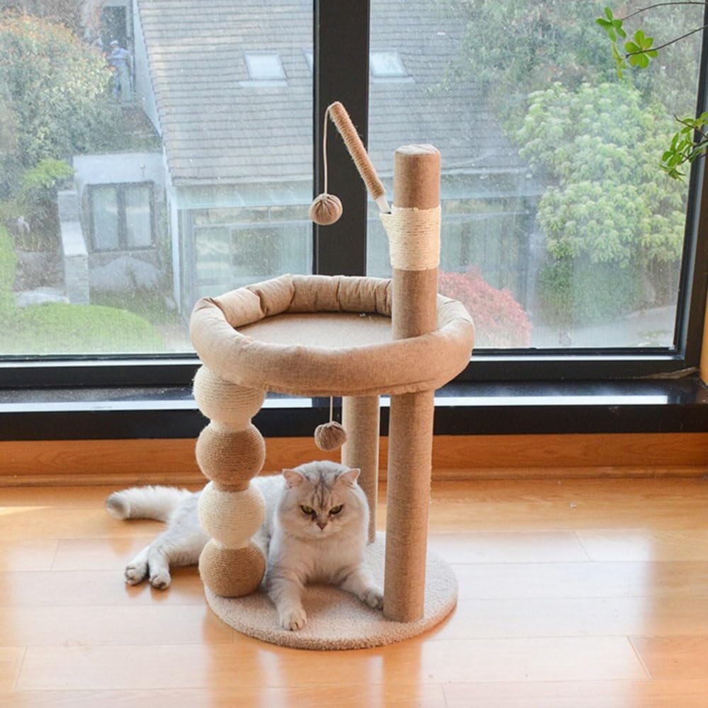 Kratzbaum - Katzenbaum mit Katzenbett, Sisalball – geformter Kratzbaum und hängendes Spielzeug Katzenhaus