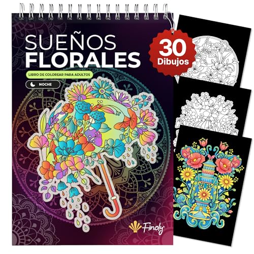 Finoly Libro Colorear Adultos Flores A4 Reduce el Estres | Libros de Colorear para Adultos Principiantes y Avanzados | Mandalas Colorear Adultos Mindfulness Antiestres No Traspasa la Tinta (Noche)