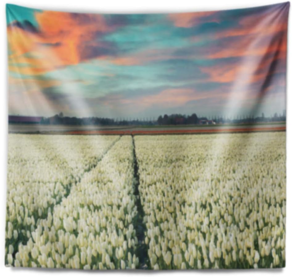 Designart ' Morning in Tulip Farm Near Espel Village' Landscape Tapestry Blanket Décor Wall Art for Home and Office x Large: 92 in. x 78 in