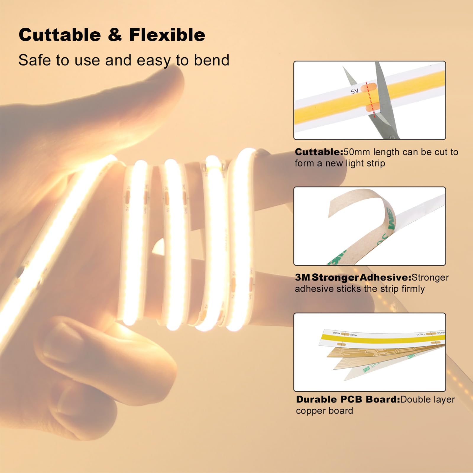 Striscia di luce USB bianca calda 3000K CRI92+ 5V COB striscia di luce LED con interruttore dimmer, striscia luminosa a LED da 10 W/6 piedi per mobili da cucina, camera da letto, illuminazione