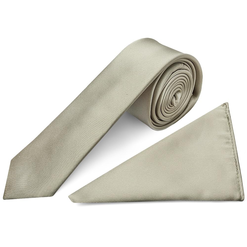 Ties R Us Men's Dusty Sage Plain Satin Skinny Tie And Pocket Square Set