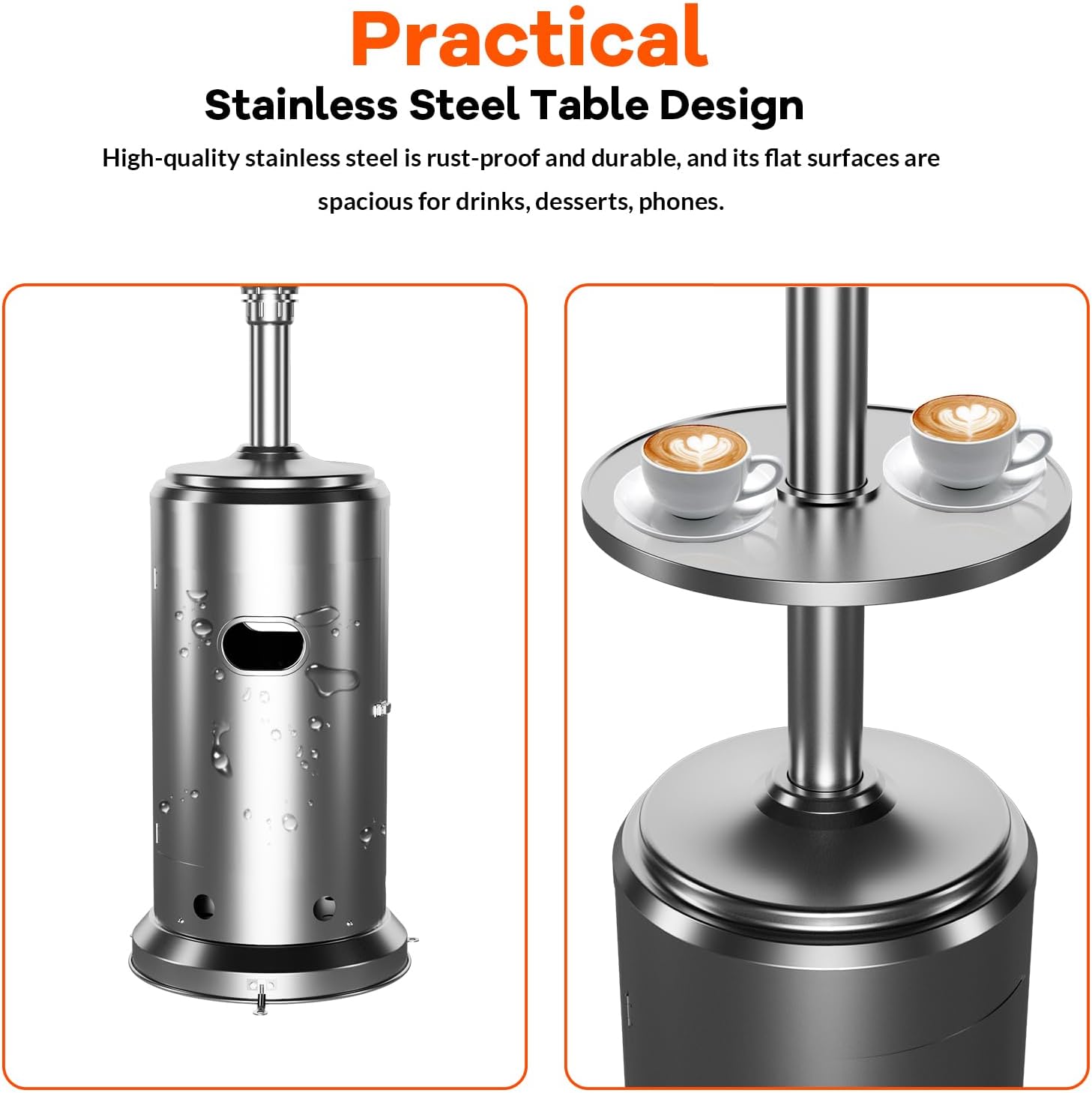 review 48000 Btu Propane Patio Heater, Outdoor Tall Standing Heater with Adjustable Shelf, Wheels, Safety Tilt Switch, Stainless Steel Burner for Patio Deck Home Commercial Use, Silver