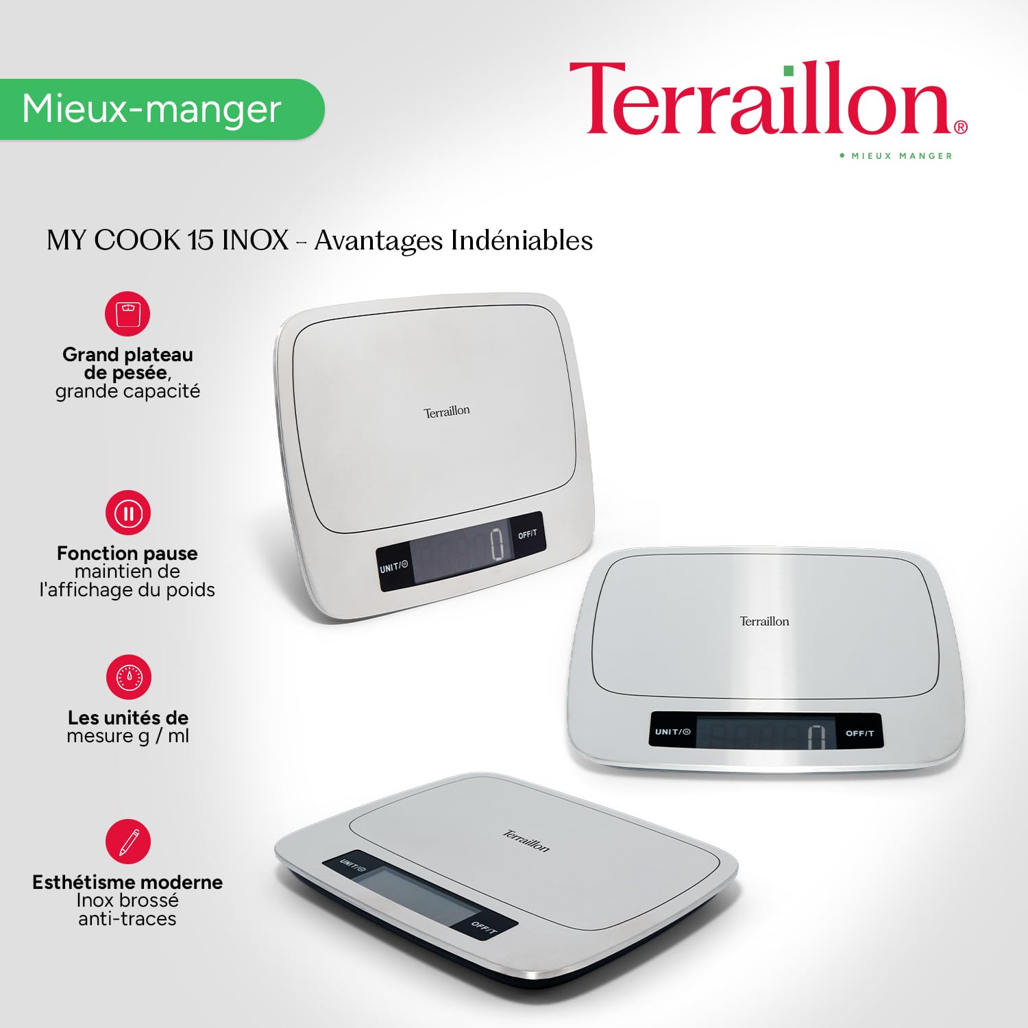 Terraillon - MyCook 15 - Balance de cuisine - Tare - Conversion Liquides - Revêtement anti-trace - Fonction Pause - Capacité 15 kg