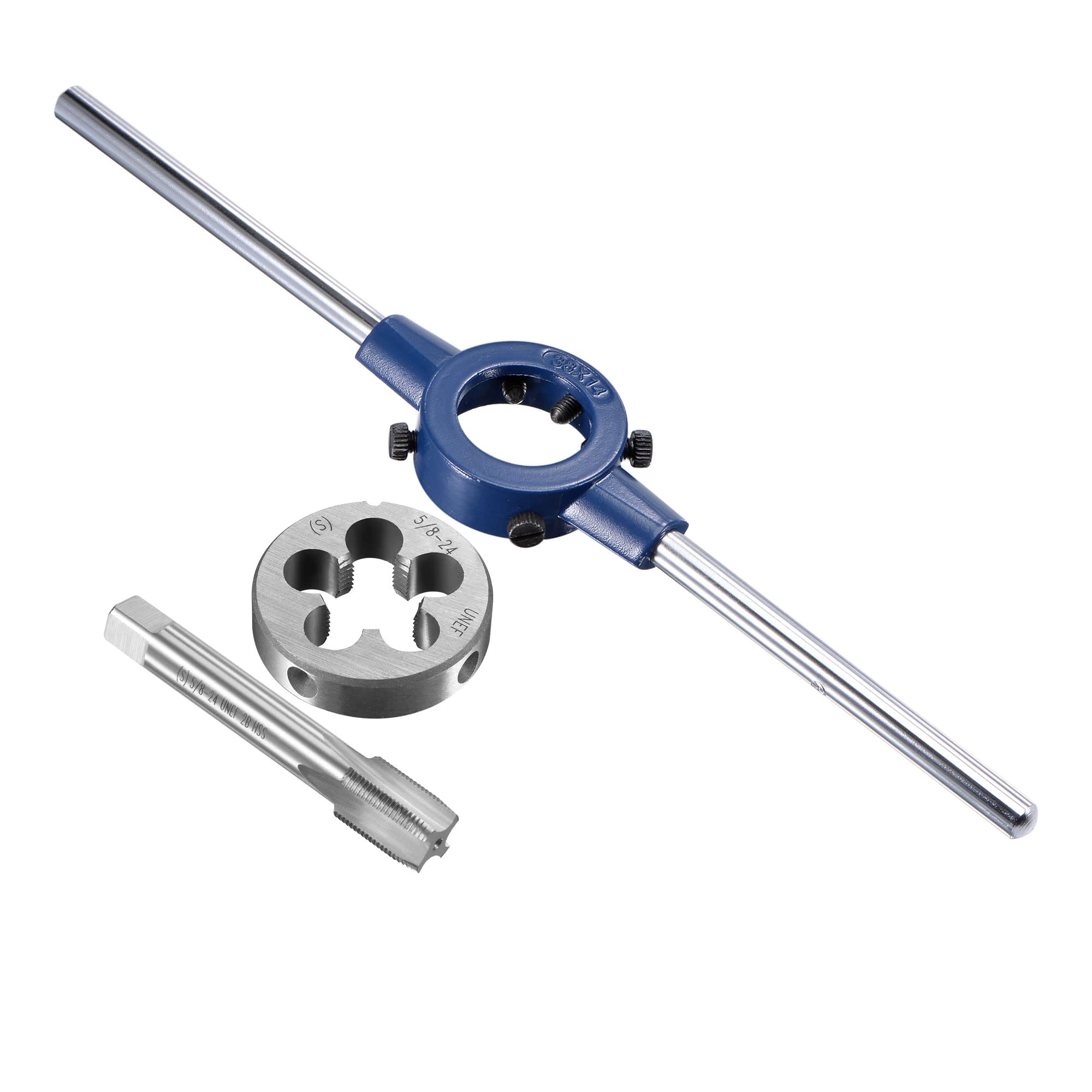uxcell 5/8-24 UNEF Tap and Die Set with 38mm Round Die Stock Handle Wrench, High Speed Steel Machine Thread Tap and Round Die Threading Tool