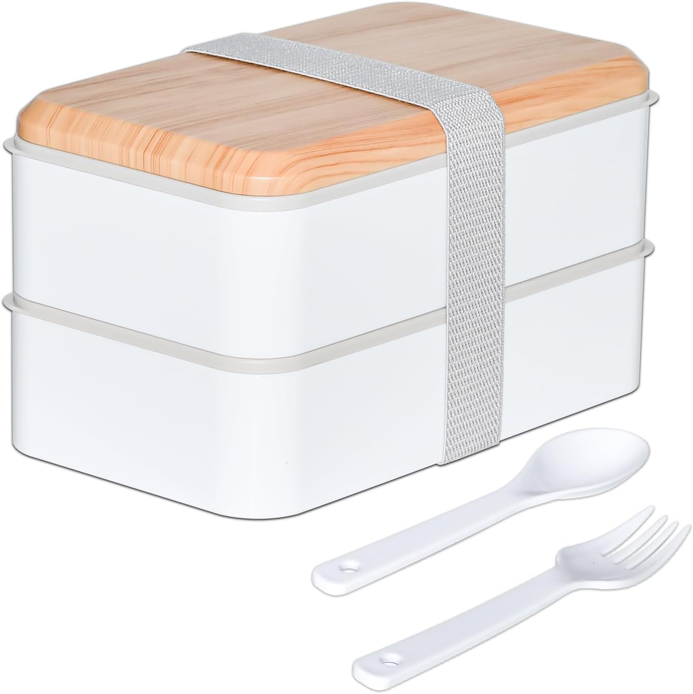 TopEsctLunch Box Stackable, Two-Tier Bento Box Safe for Microwave Dishwasher, 1400ML Lightweight Food Container with Cutlery for Adults Officer, Japanese Style, Rectangle White