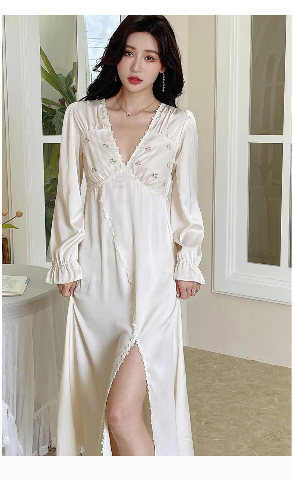 Nachthemd,Damen-Nachthemden, Beige, Satin, V-Ausschnitt, Florale Spitze, Schlitz, Sexy Schlafhemd, Weiches, Bequemes, Langärmliges Nachthemd, Loungewear Für Damen, Mädchen, Pyjama-Party, Weihnach