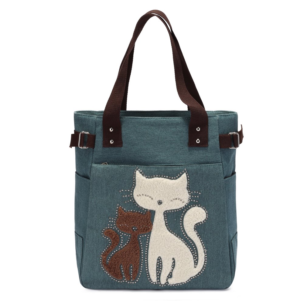 Kaukko Women Canvas Handbag Shoulder Bag Cat Big Tote Bag(Army GREEN1)