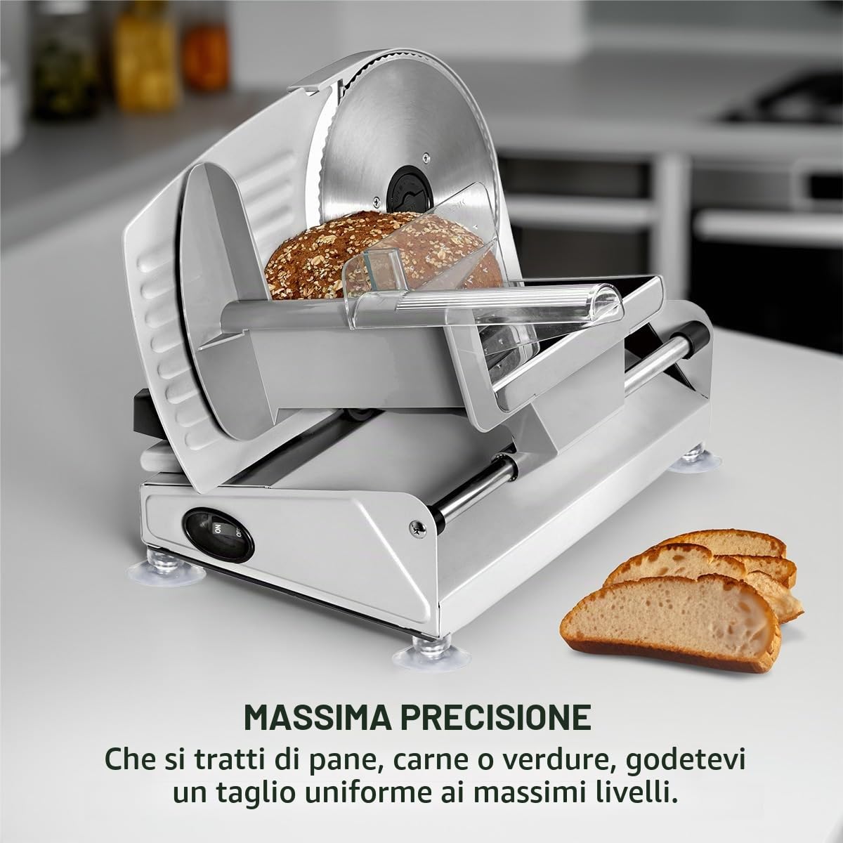 Affettatrice multiuso Clatronic Ø 190 mm lama in acciaio inox | affettatrice elettrica per pane | spessore di taglio regolabile (0-15 mm) | affettatrice | alloggiamento in metallo | 150W | MA 3585