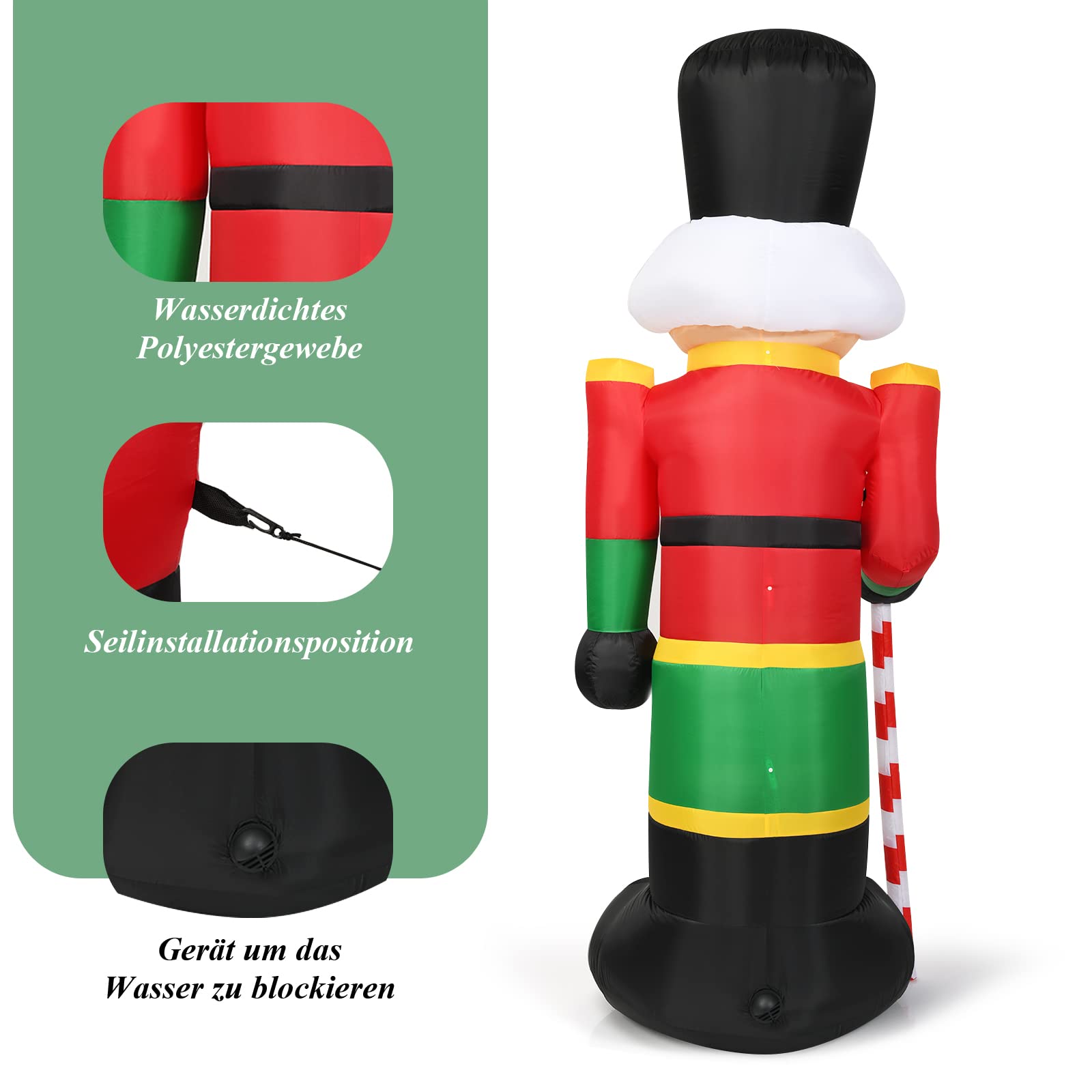 RELAX4LIFE 2,4 m Aufblasbarer Nussknacker Soldat, Luftgeblasener Weihnachtsmann Soldat mit Gebläse & Sandsäcke, Weihnachtsdekoration mit 3 LED-Leuchten, für Garten & Zuhause & Kaufhaus, aus Polyester