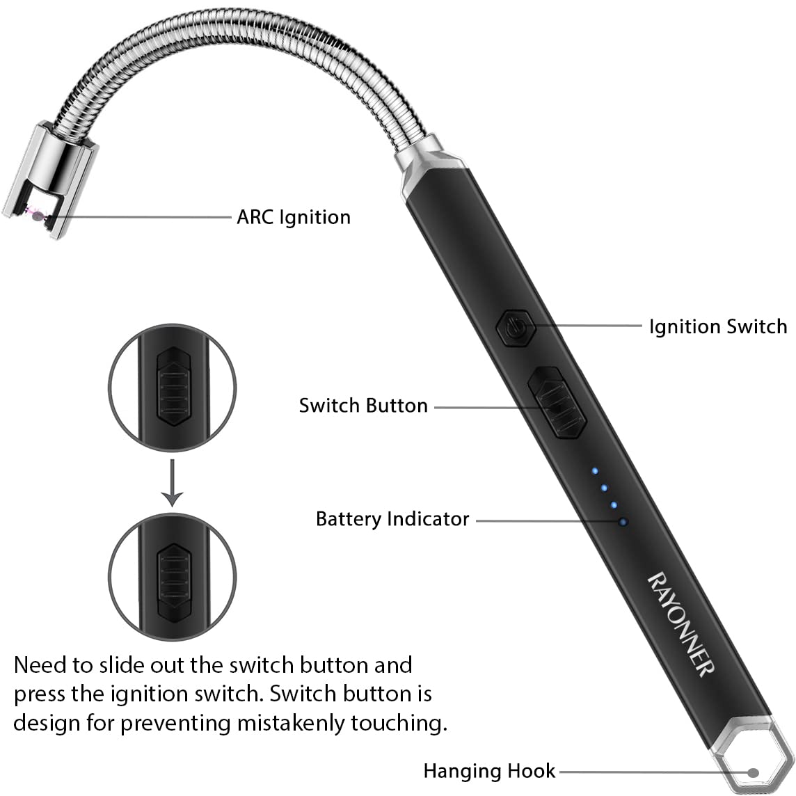 Encendedor eléctrico de vela largo y flexible, con cuello de plasma, resistente al viento y sin llama, recargable por USB con interruptor de seguridad (negro y negro) 3