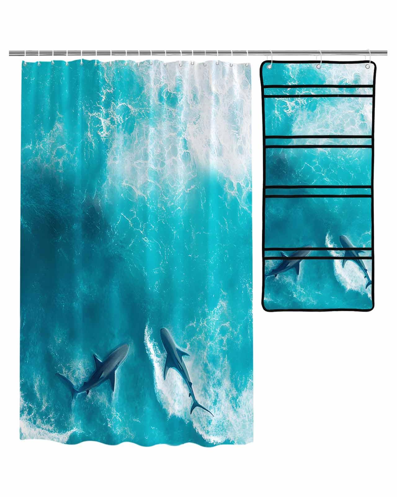 ZFUNCING Shower Curtain Mesh Shower Organizer Set Summer Watercolor Ocean Shark Waterproof Bath Curtains Hanging Shower Caddy Bathroom