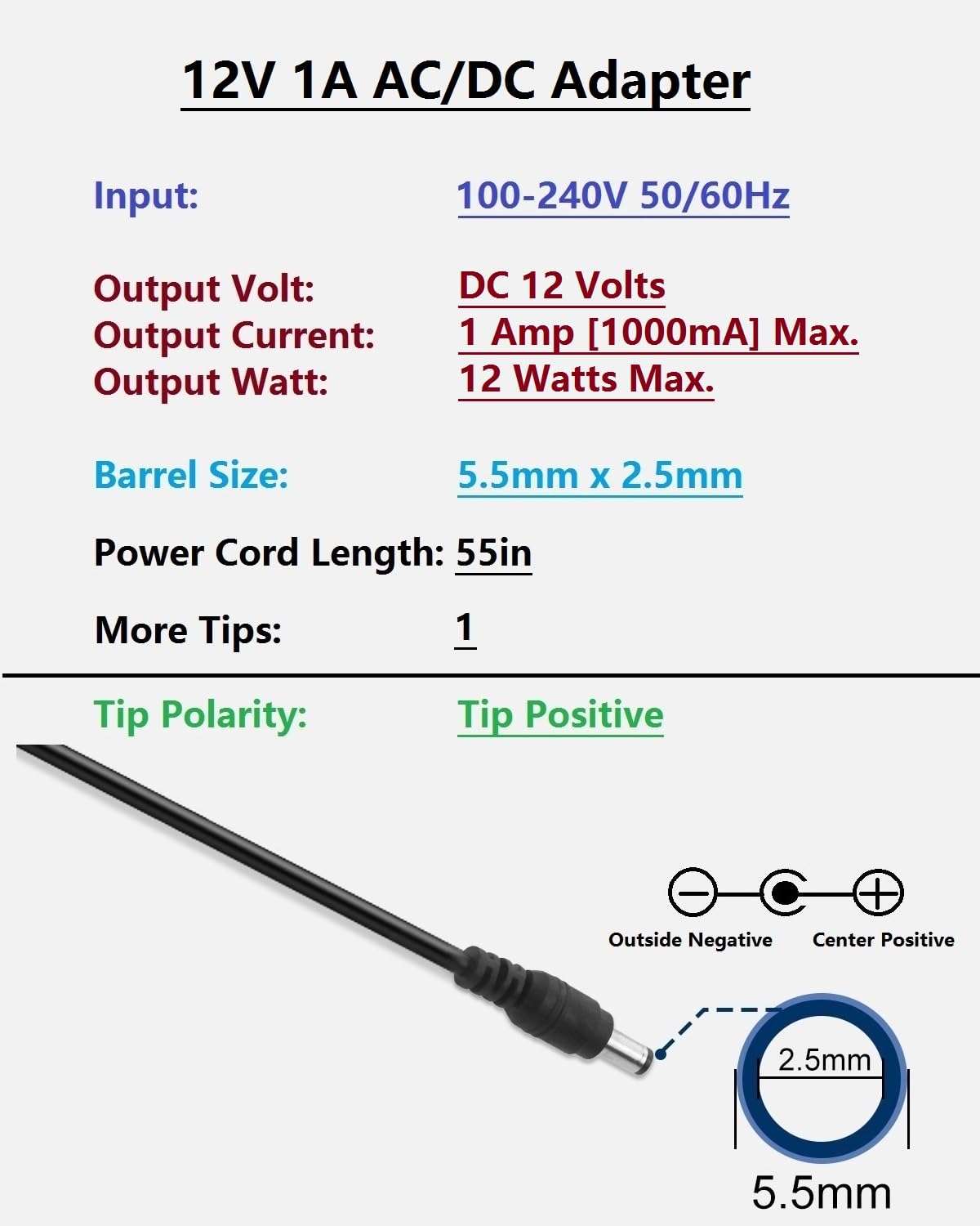 12V 1A DC Power Supply 12W AC Adapter 100-240V 50-60Hz Wall Plug to 12 Volt 1 Amp Transformer with 5.5mm x 2.5mm Barrel Plug, DC 12V 1A Power Cord, & 1 Tip