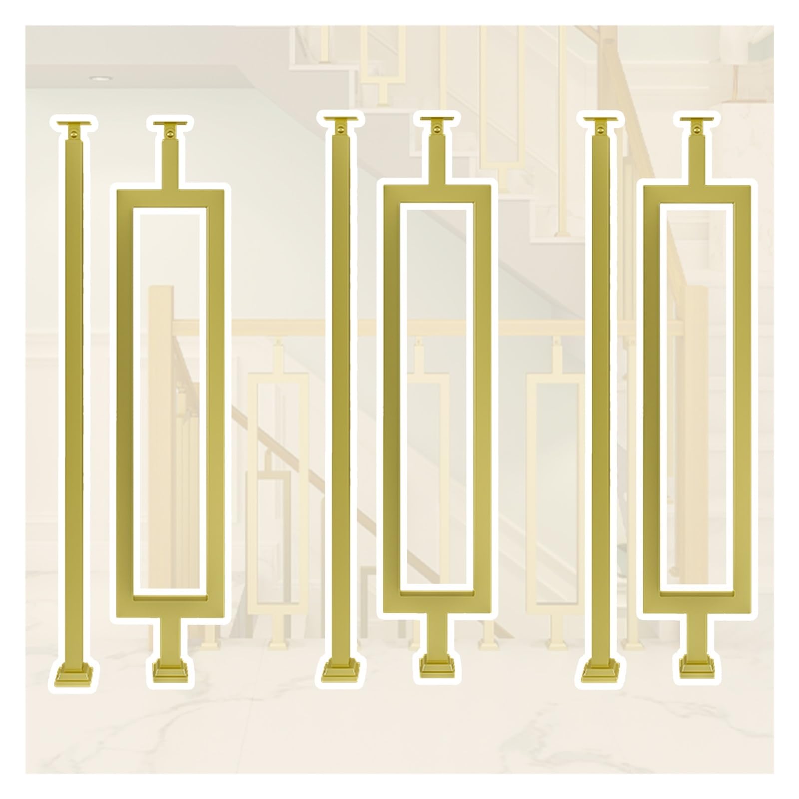 GLDYTVF 3 Sets Stairs Handrail Railing，Stairs Metal Balusters Floor Mount/Rectangle Handrail Guardrail Railing, for Interior Exterior Balusters Spindle Post(Gold,75cm(29.5in) Tall)
