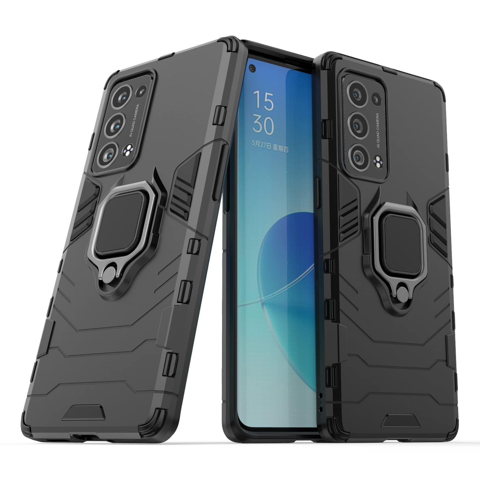Case for OPPO Reno6 Pro + 5G,Hybrid Heavy Duty Protection Shockproof Defender Kickstand Armor Case Cover,Black