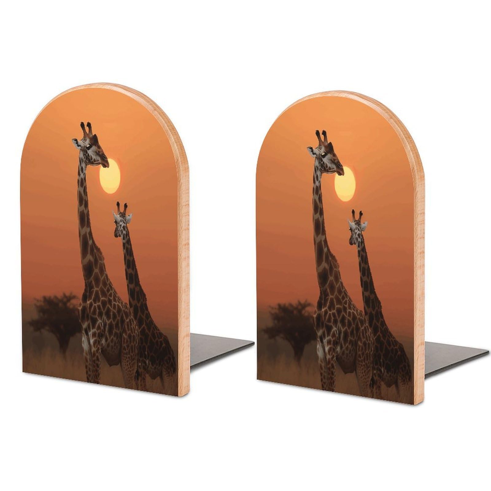 Giraffe at Sunset Bookends 1 Pair Heavy Duty Book Ends for Shelves Non-Skid Bookend Supports Wooden Book Holders with Metal Base Desk Organizers Books Storage to Hold Books