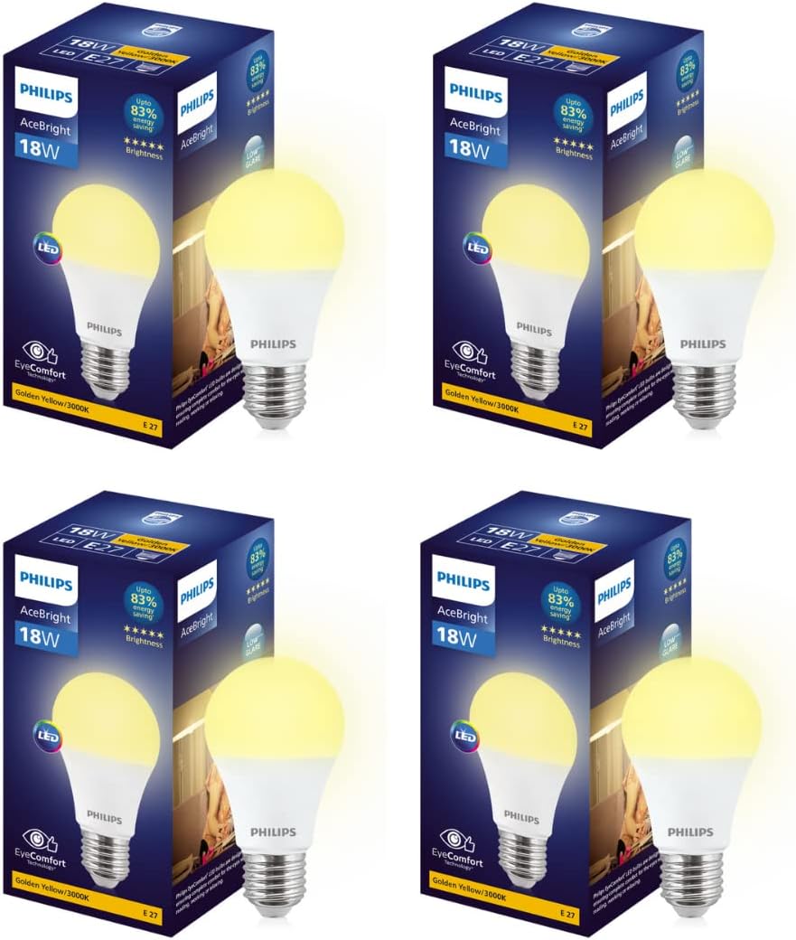 Philips 18-watt LED Bulb |AceBright High Wattage LED Bulb|Base: E27 Light Bulb for Home | Warm White, Pack of 4