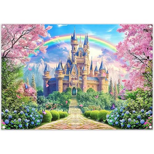 Luminora 2,1 x 1,5 m Rose Floral Château Toile de Fond Princesse Conte de Fées Sakura Arc-en-Ciel Fond Printemps Forêt Anniversaire Mariage Pays des Merveilles Fête Décoration Photo Bannière