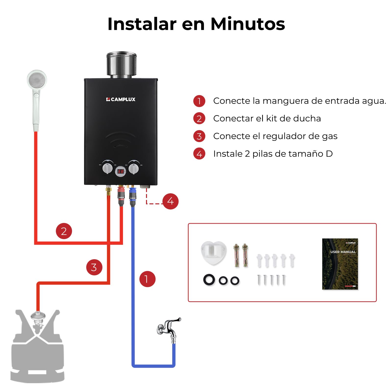 Camplux BW158BC Chauffe-eau à Gaz à 6 Litres sans Réservoir, avec Couvercle de Pluie, Propane ou Butane, 12kW