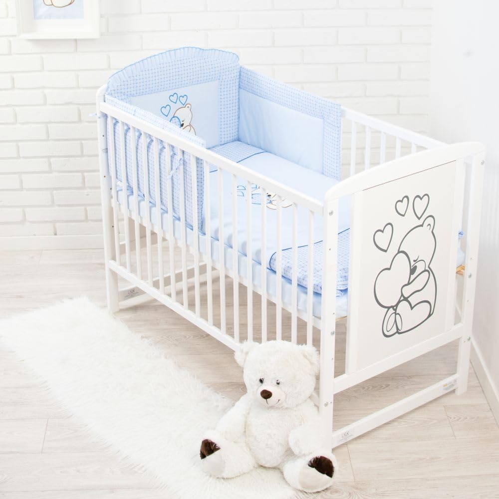 Generisch 12-Teiliges Kinderbett mit Matratze, Teddybär mit Herz, Blau | Bettzeug inklusive, Zubehör inklusive