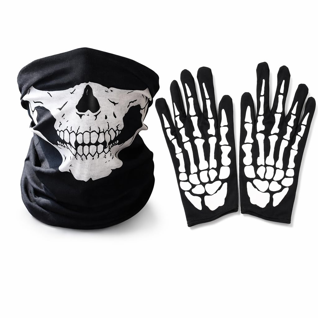Skull and Skeleton Mask Set with Gloves, Adult Halloween Scream Mask