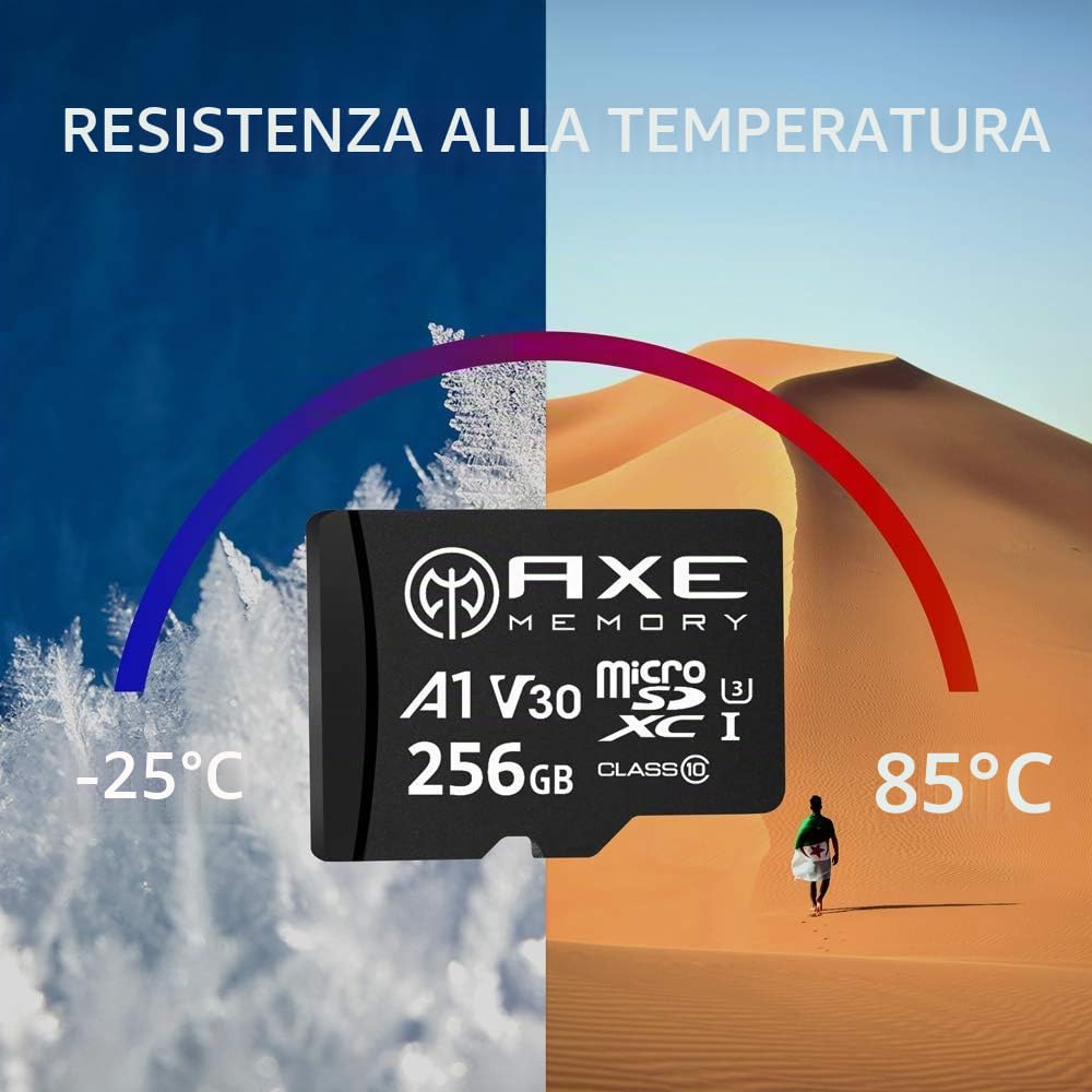 AXE MEMORY Scheda Micro SD 256 GB, Memoria MicroSDXC per Nintendo-Switch, GoPro, Drone, Smartphone, Tablet, 4K Ultra HD, A1 UHS-I U3 V30 C10, Lettura Fino a 95 MB/s, con Adattatore SD
