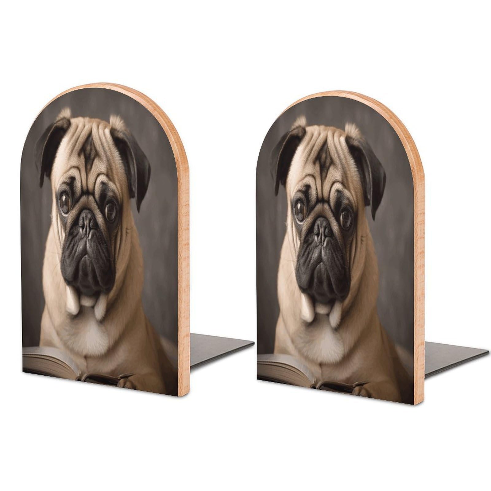 Animal Pug Dog Bookends for Shelves Non Skid Book Stoppers Universal Economy Bookend Heavy Duty Wood Book End Decorative Book Shelf Holder for Home Office Desk 1 Pair