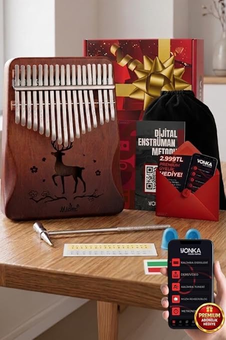Midex KLX-520 Hakiki Ağaç Kalimba Geyik Desenli Ahşap Full Set 17 Çelik Tuşlu