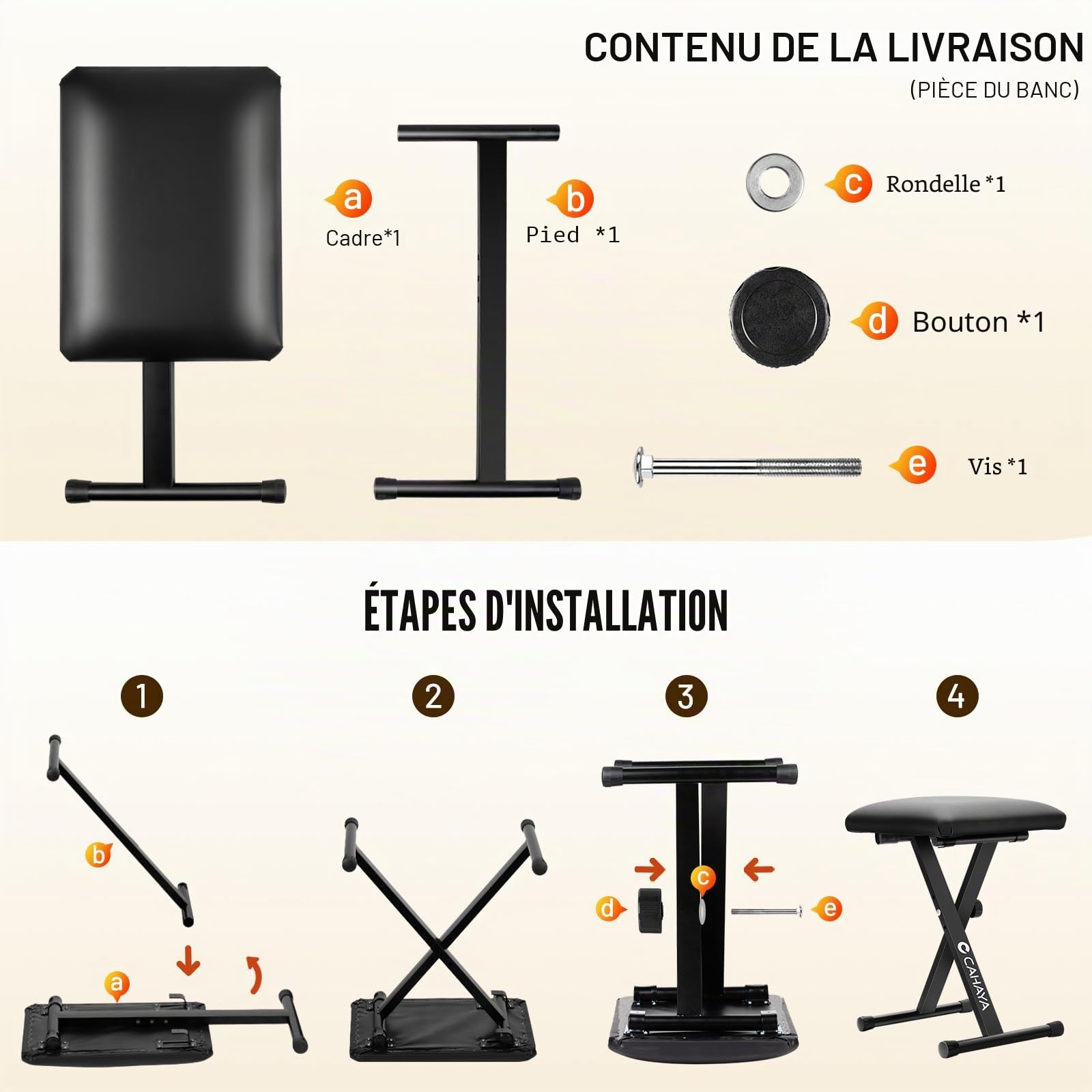 CAHAYA Support de clavier et banc de clavier - 6 niveaux réglables en hauteur - Double X-Frame - Pour clavier de 61, 76 et 88 touches - Charge maximale : 168 kg - Noir
