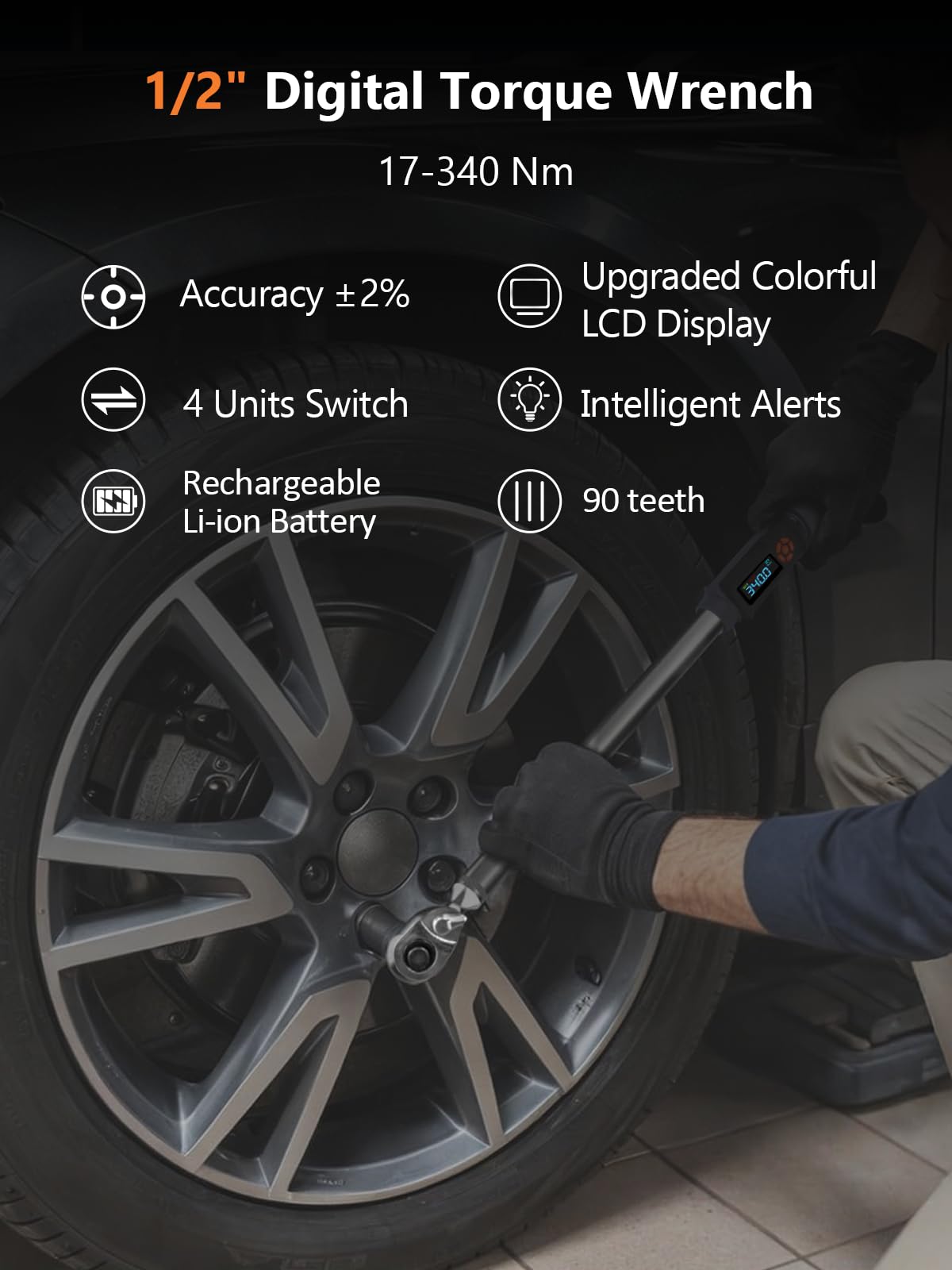Goseek Chiave dinamometrica digitale aggiornata 1/2, 17-340 Nm, chiave dinamometrica digitale con cicalino e indicatore LED colorato, set di chiavi dinamometriche elettroniche per pneumatici auto per