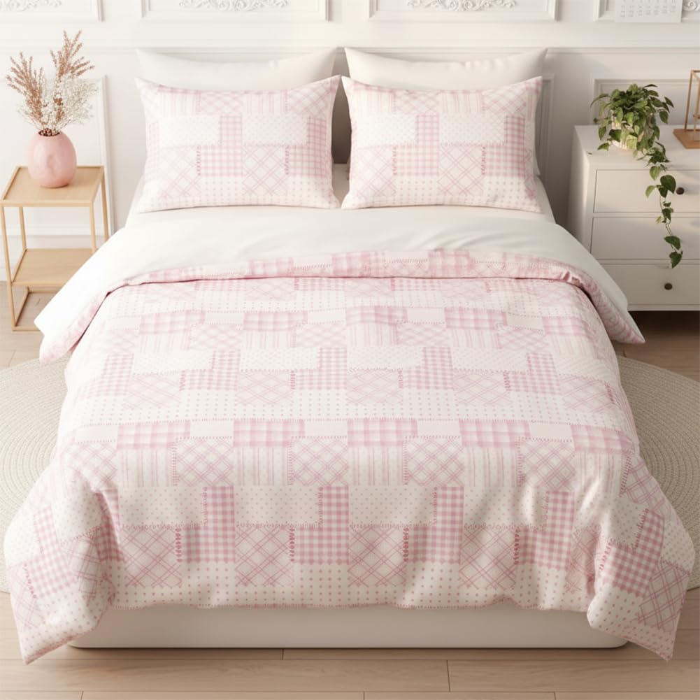 Nayoroom Bettwäsche 135x200 Rosa Weiß Mädchen Bettbezug Bettwäsche-Sets mit Kissenbezug 80x80 cm Patchwork Optik ÖKO-TEX Microfaser Duvet Cover Wendebettwäsche Set mit Reißverschluss