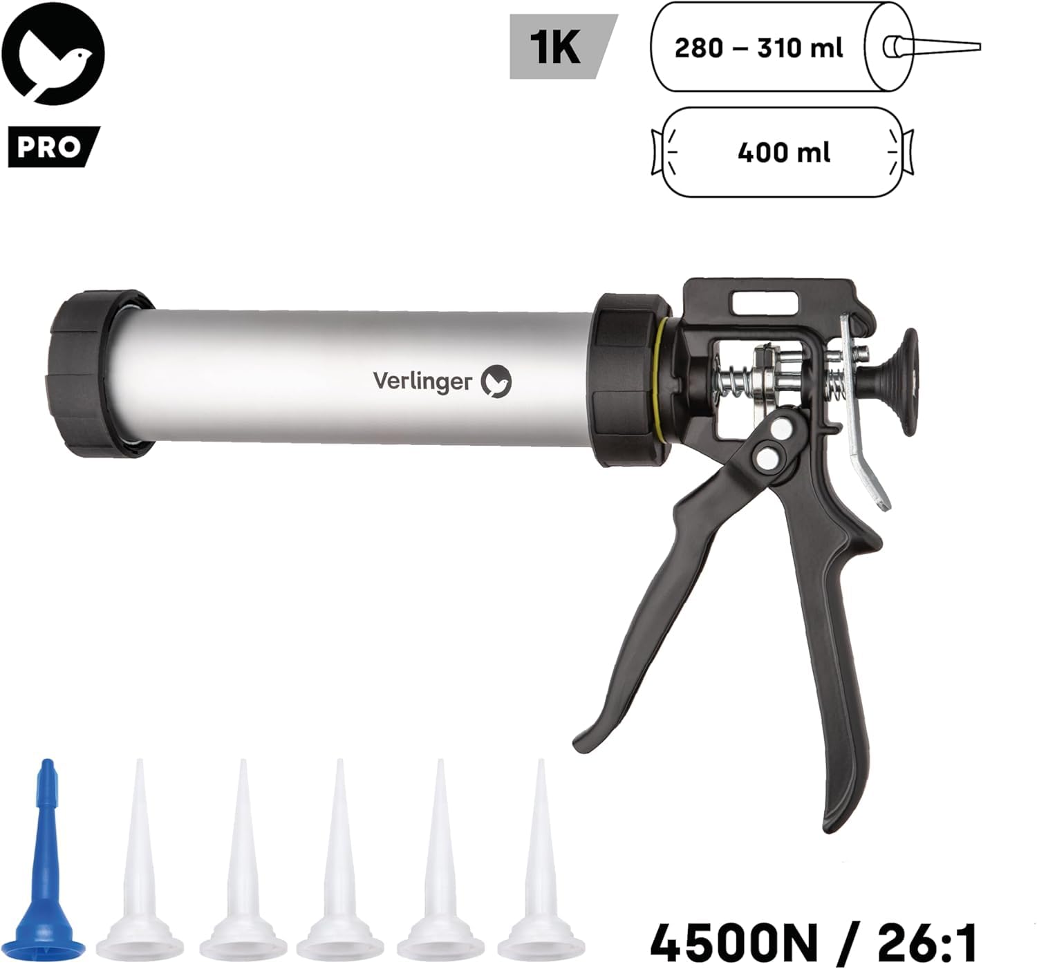 Profesjonalny pistolet na kartusz o pojemności 280/310/400 ml, 4500 N 26:1, trwały, ergonomiczny, precyzyjny do silikonu, akrylu, kleju, wytrzymała konstrukcja do prac budowlanych i