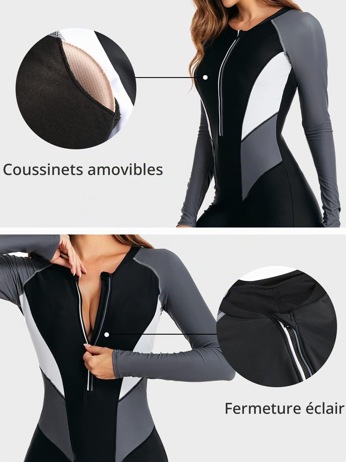 Ecupper Femmes Une pièce Protège-tiges Zipper Maillot de Bain Manches Longues Court Combinaison de Plongée Athlétique Surf Maillot de Bain Soutien-Gorge Intégré