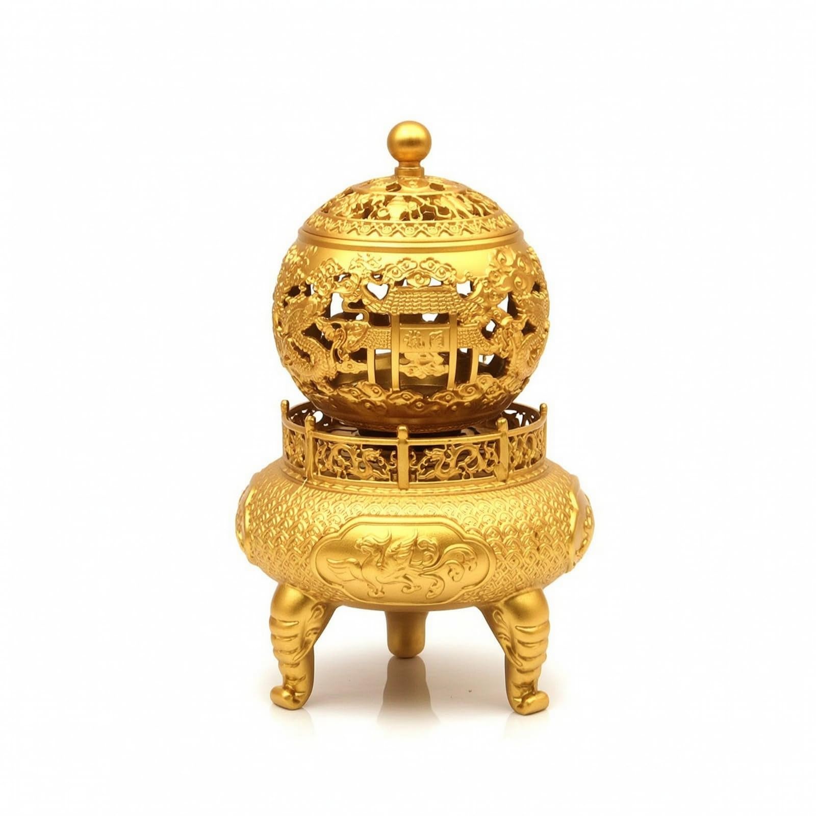 HuadaXtain Ottone Tore Censer Turibolo Stile Tradizionale con Finiture a Rilievo E Pomolo Arrotondato Copertura Forata per Aroma Uniforme Adatto per Meditazione Tisane, Oro Sabbia